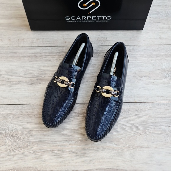 Men's Embroidered Patent Leather Loafers in Navy - Picture 5 of 5
